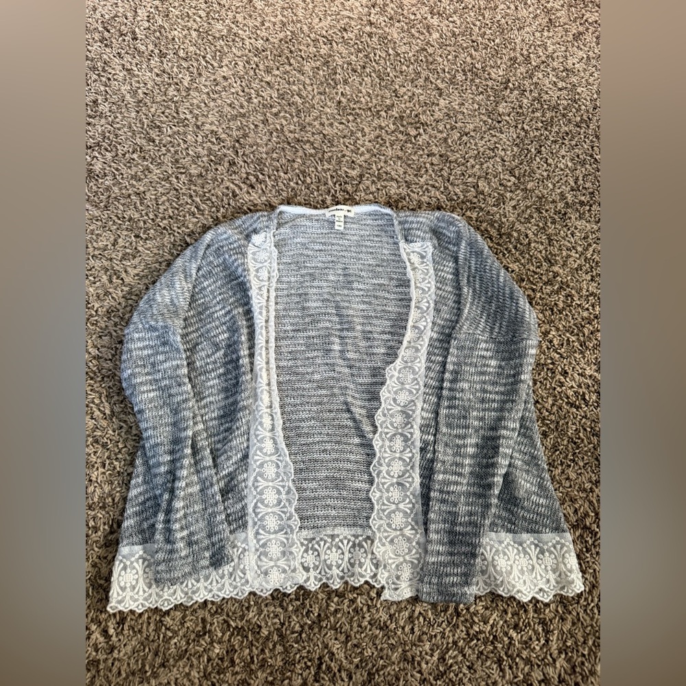 Monteau Gray and White Lace Trim Sweater